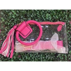NEW MIMI WHOLESALE clear wristlet with cuff handle & tassel in hot pink